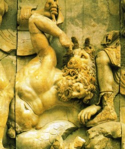 Gigante sendo morto por Ártemis e seus cães; mármore, altar de Zeus de Pérgamo - c.180 a.C.